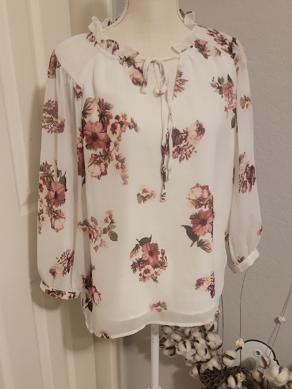 Grace White Boho Floral Tie-Neck Blouse with Dusty Rose Print